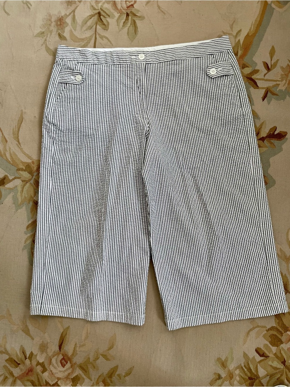 Isaac Mizrahi Navy and White Striped Seersucker Bermuda Shorts